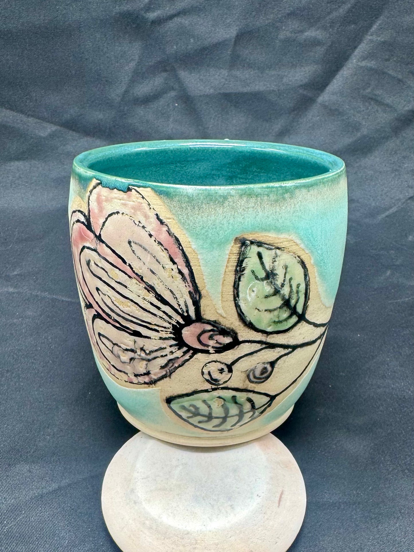 Mug- Pink Flower, Turquoise
